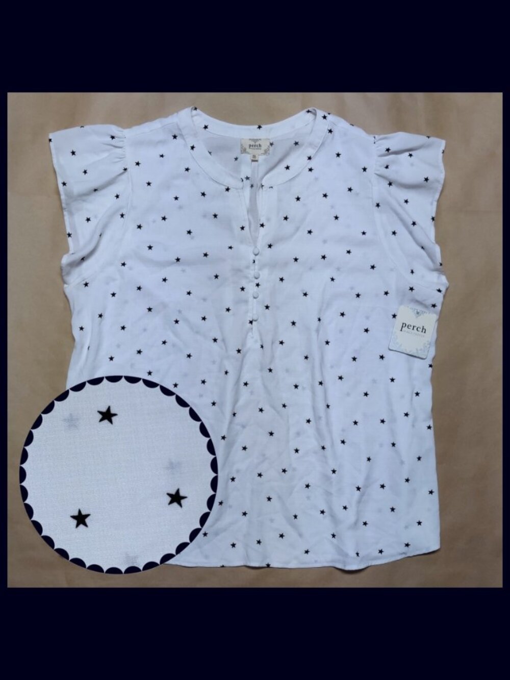 NWT Perch by Blu Pepper White Blouse w/Blue Stars, Flutter Sleeves - Women's 3XL